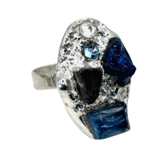 Brutalist Sea Glass Cocktail Ring & Crystal Accent Size 9 - Picture 10 of 12